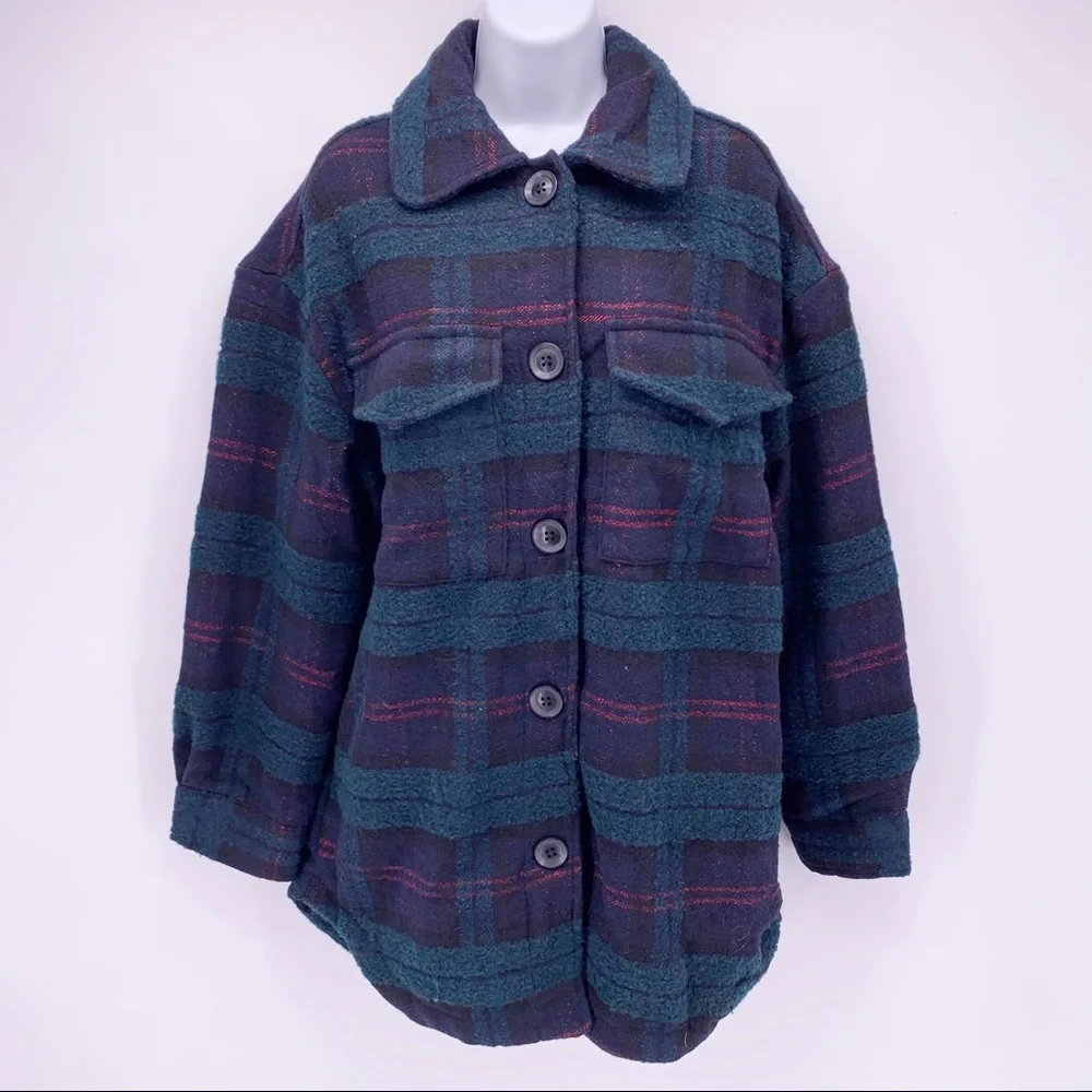 NEW Bershka Plaid Wool Button Down Coat Size M/L
